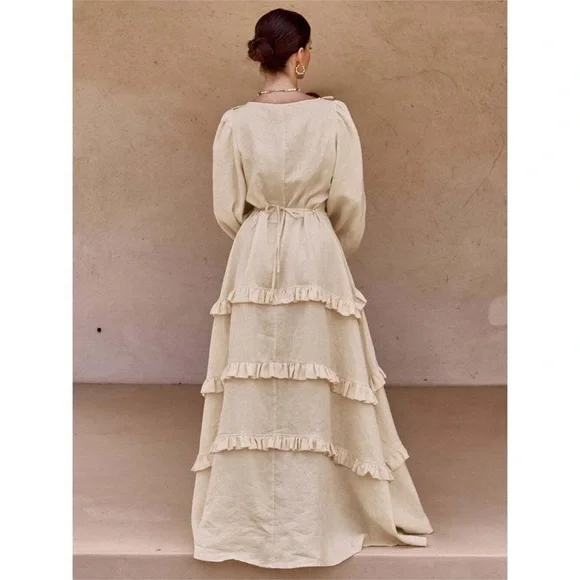 Commense Cotton & Linen Ruffled Maxi Dress Long Sleeve Button Boho Bohemian S - Picture 2 of 4